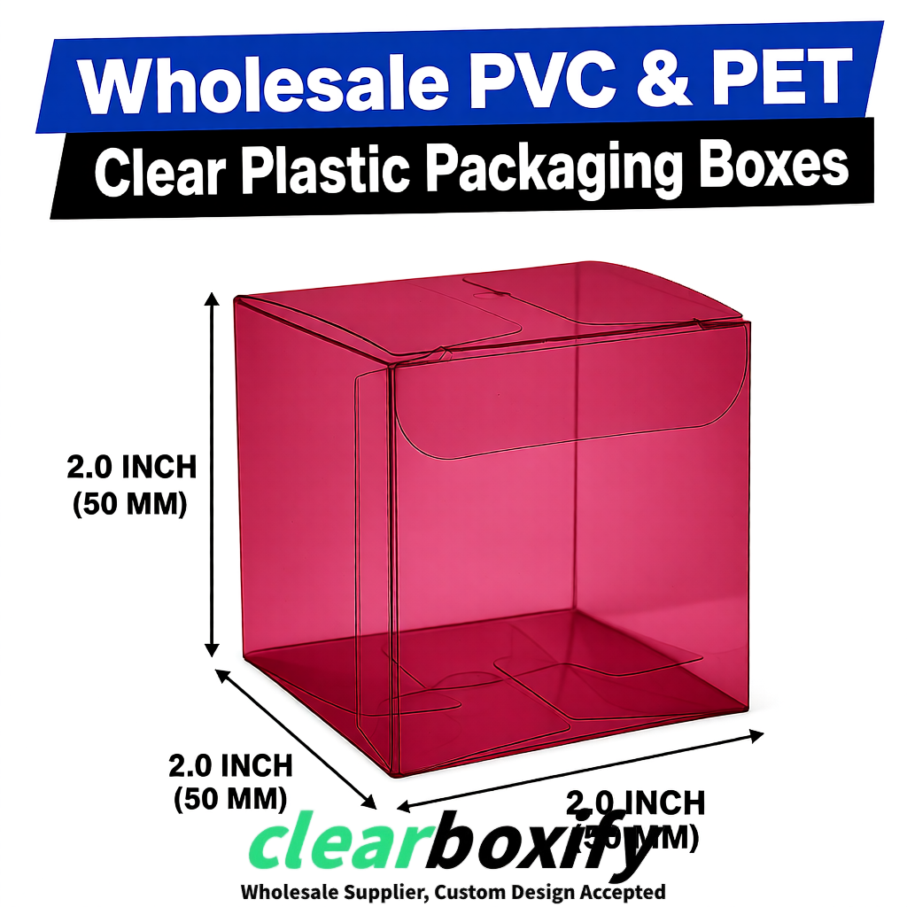Maroon Clear PVC & PET Boxes 38x38x38, 40x40x40, 50x50x50/80mm