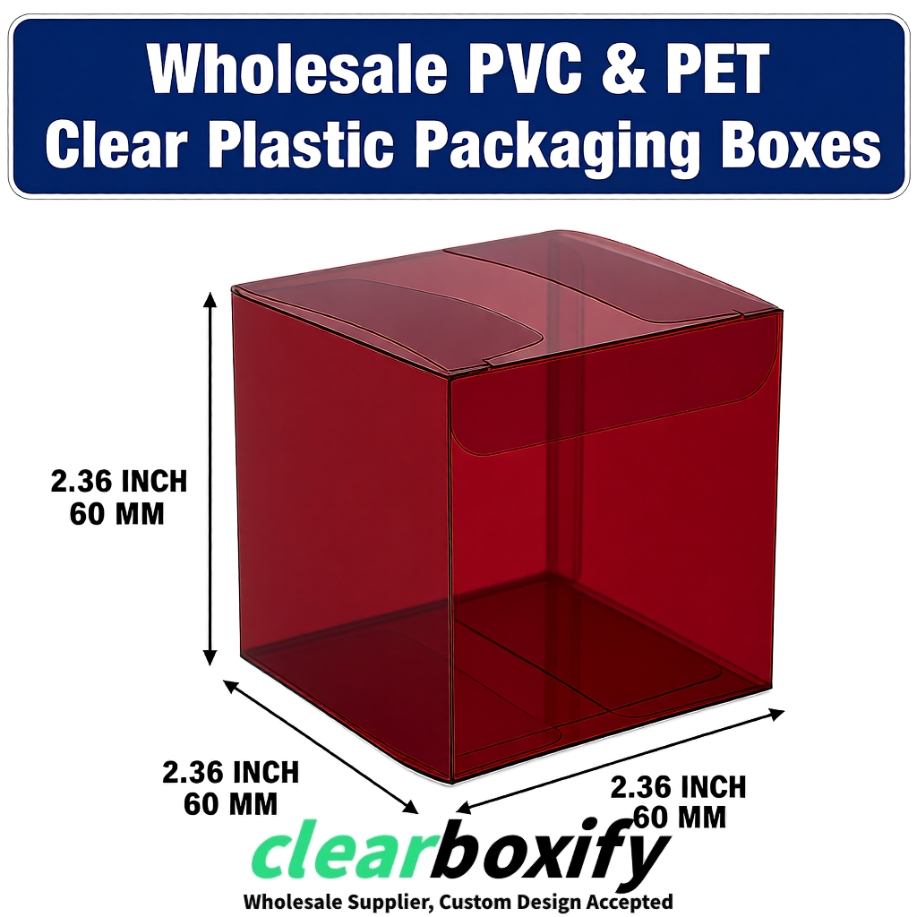 Maroon Wholesale Clear PVC & PET Boxes 50x50x120/150/200mm 60x60x60/120 mm