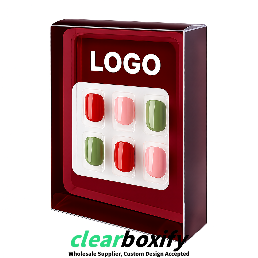 Maroon Clear Press-on Nails Box with Hanging Hook | Plastic PVC PP PET Packaging