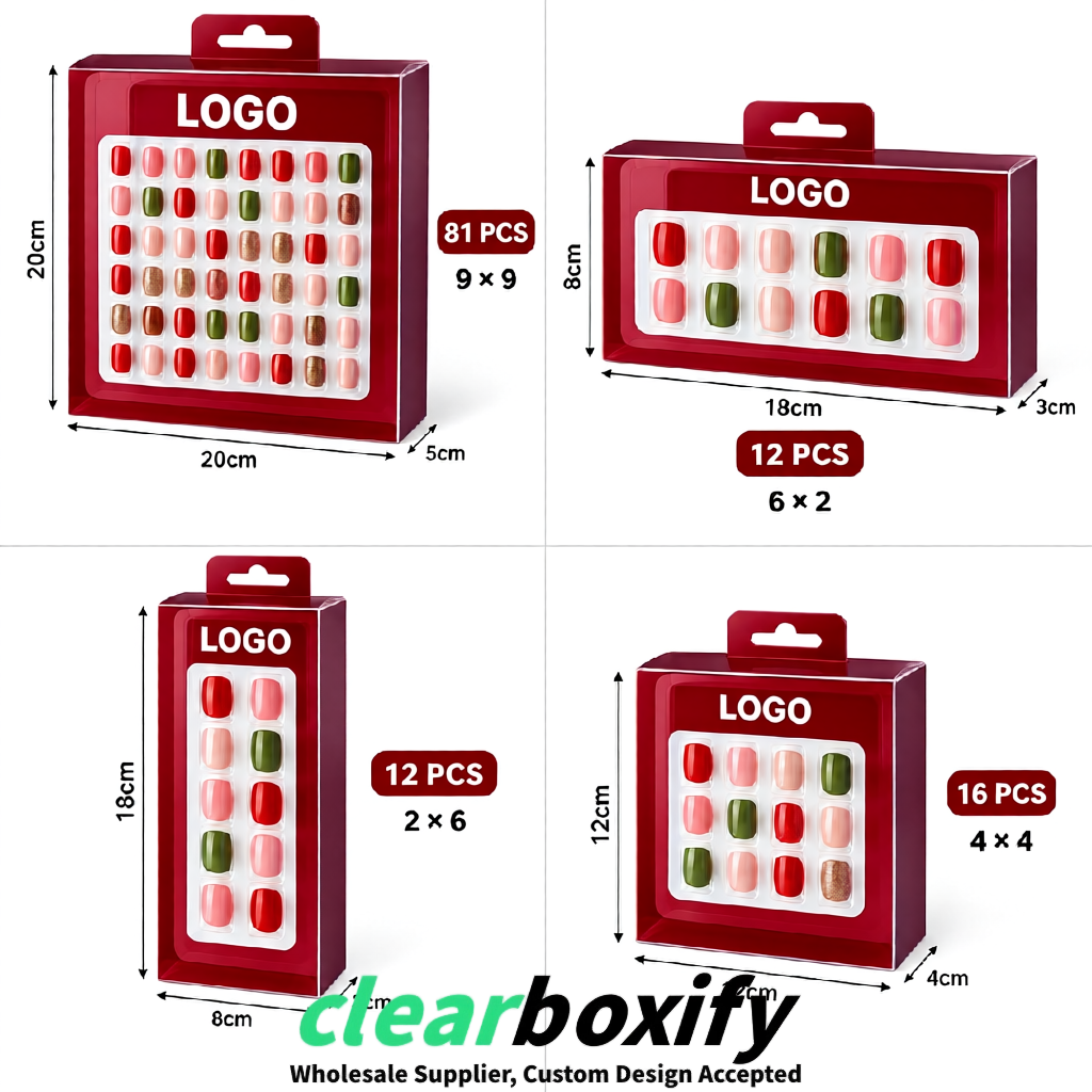 Maroon Clear Press-on Nails Box with Hanging Hook | Plastic PVC PP PET Packaging