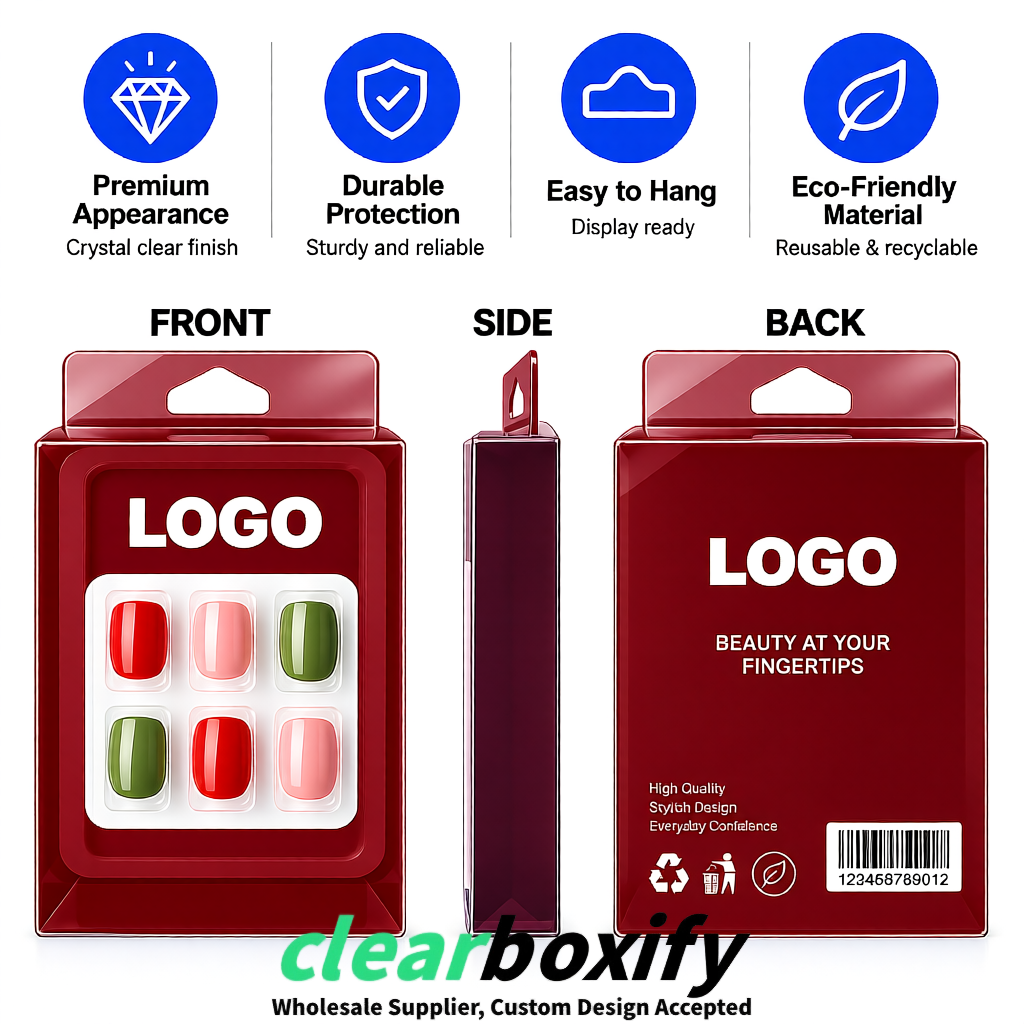 Maroon Clear Press-on Nails Box with Hanging Hook | Plastic PVC PP PET Packaging