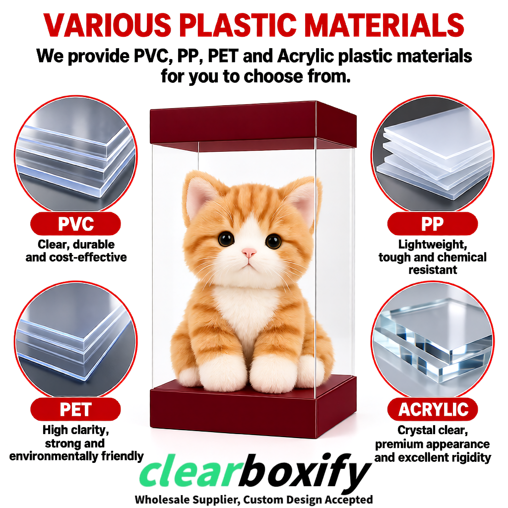 Maroon Clear Toy Display Boxes with White Base & Top | Wholesale Bulk Packaging