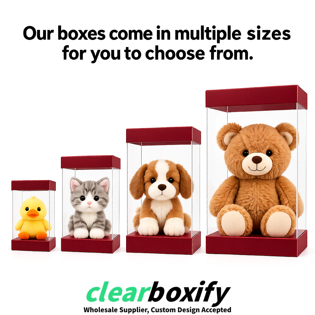 Maroon Clear Toy Display Boxes with White Base & Top | Wholesale Bulk Packaging