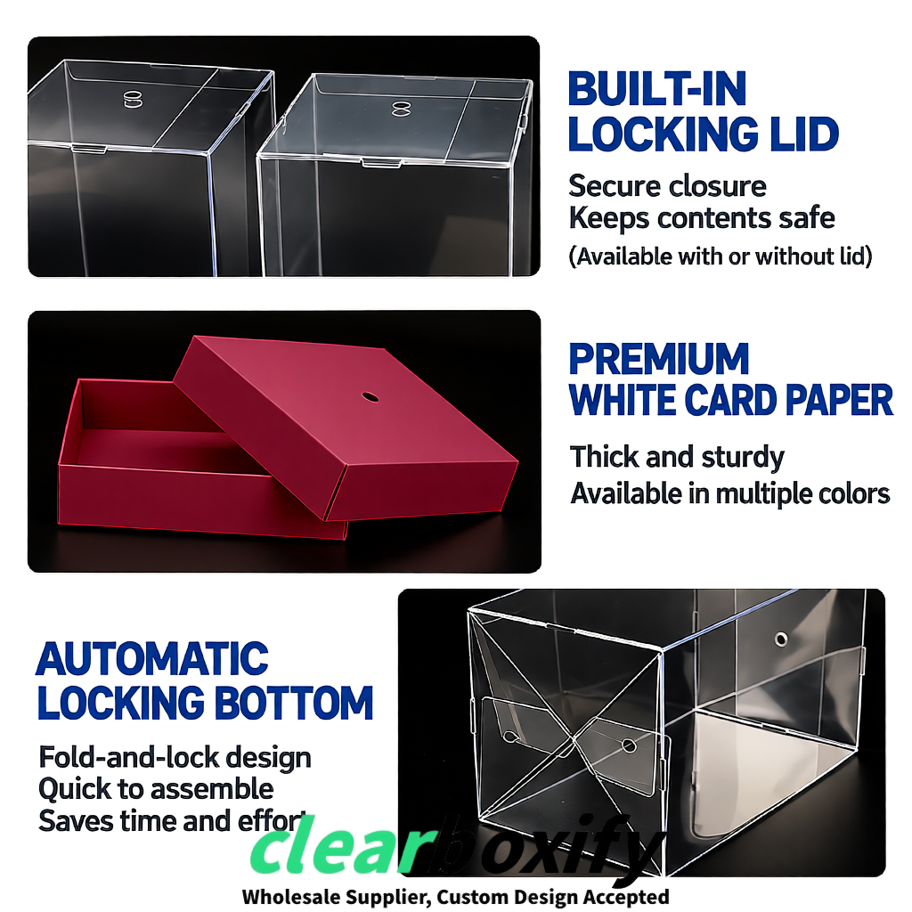 Maroon Clear Toy Display Boxes with White Base & Top | Wholesale Bulk Packaging