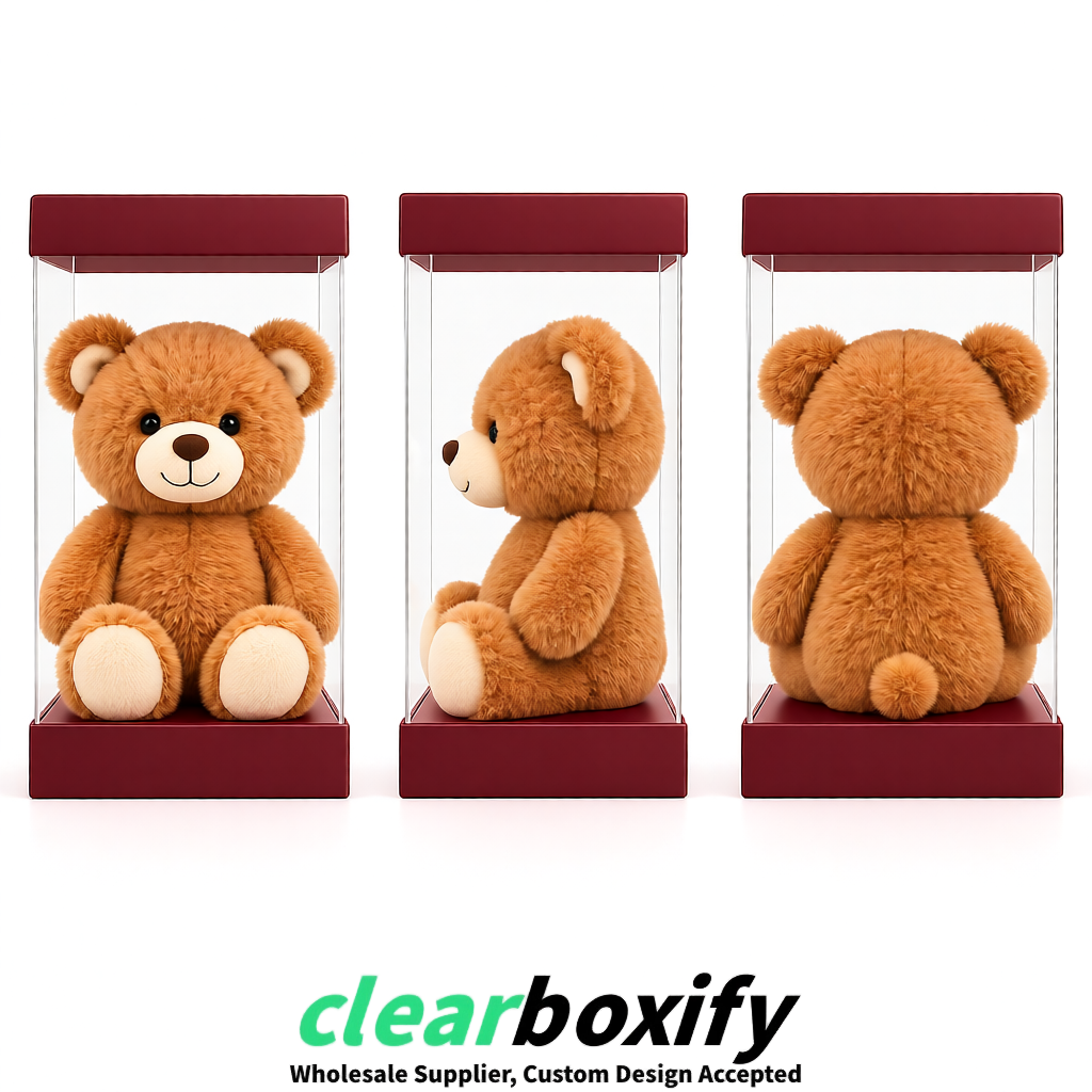 Maroon Clear Toy Display Boxes with White Base & Top | Wholesale Bulk Packaging
