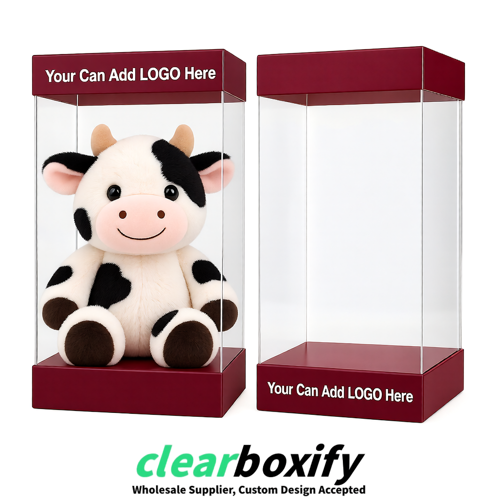 Maroon Clear Toy Display Boxes with White Base & Top | Wholesale Bulk Packaging