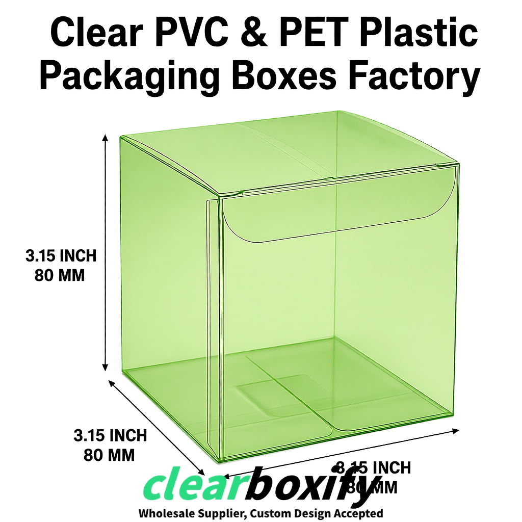 Matcha Green PPWR-ready PVC & PET Clear Boxes 80x80x80/120/140/190mm 70x70x160 mm Factory