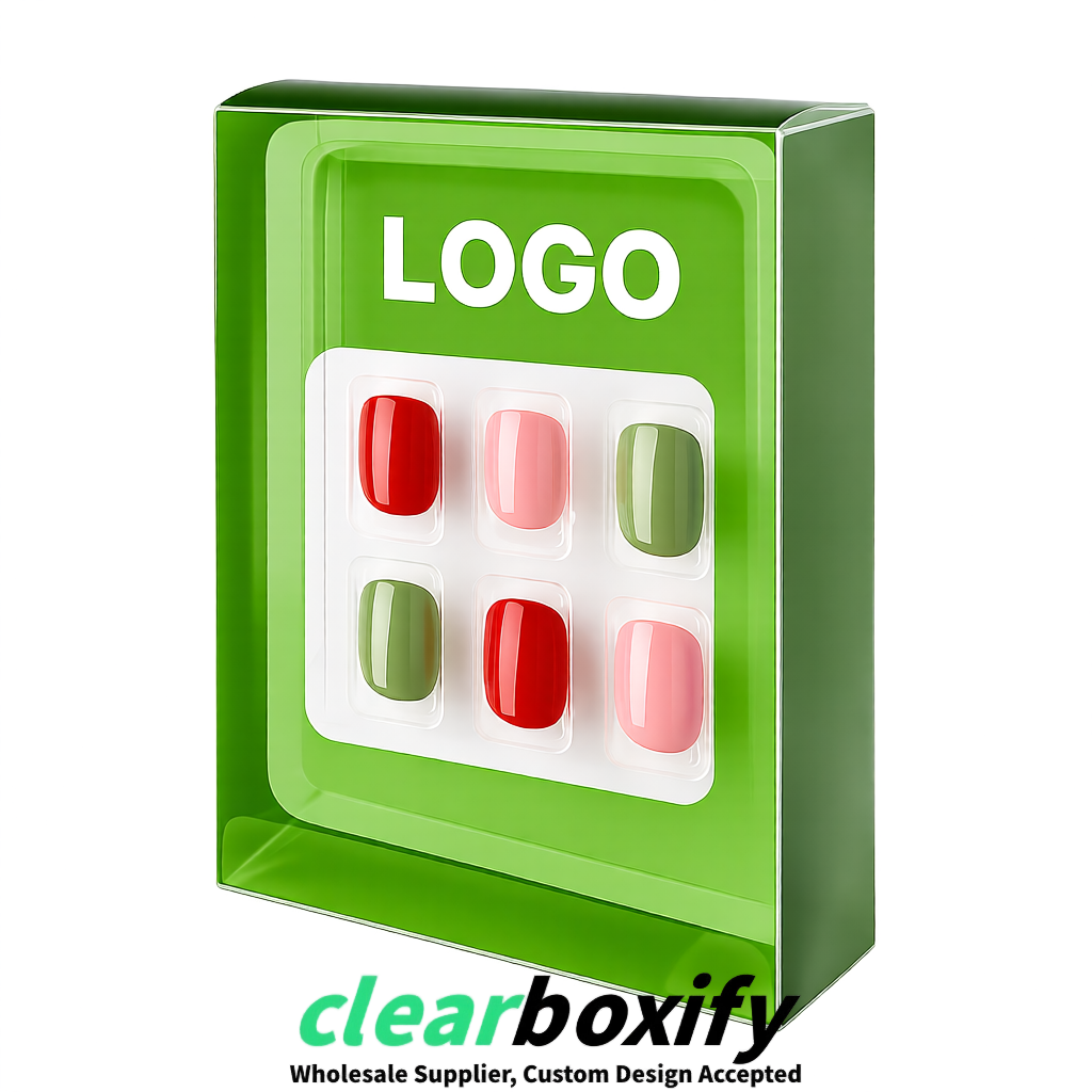 Matcha Green Clear Press-on Nails Box with Hanging Hook | Plastic PVC PP PET Packaging
