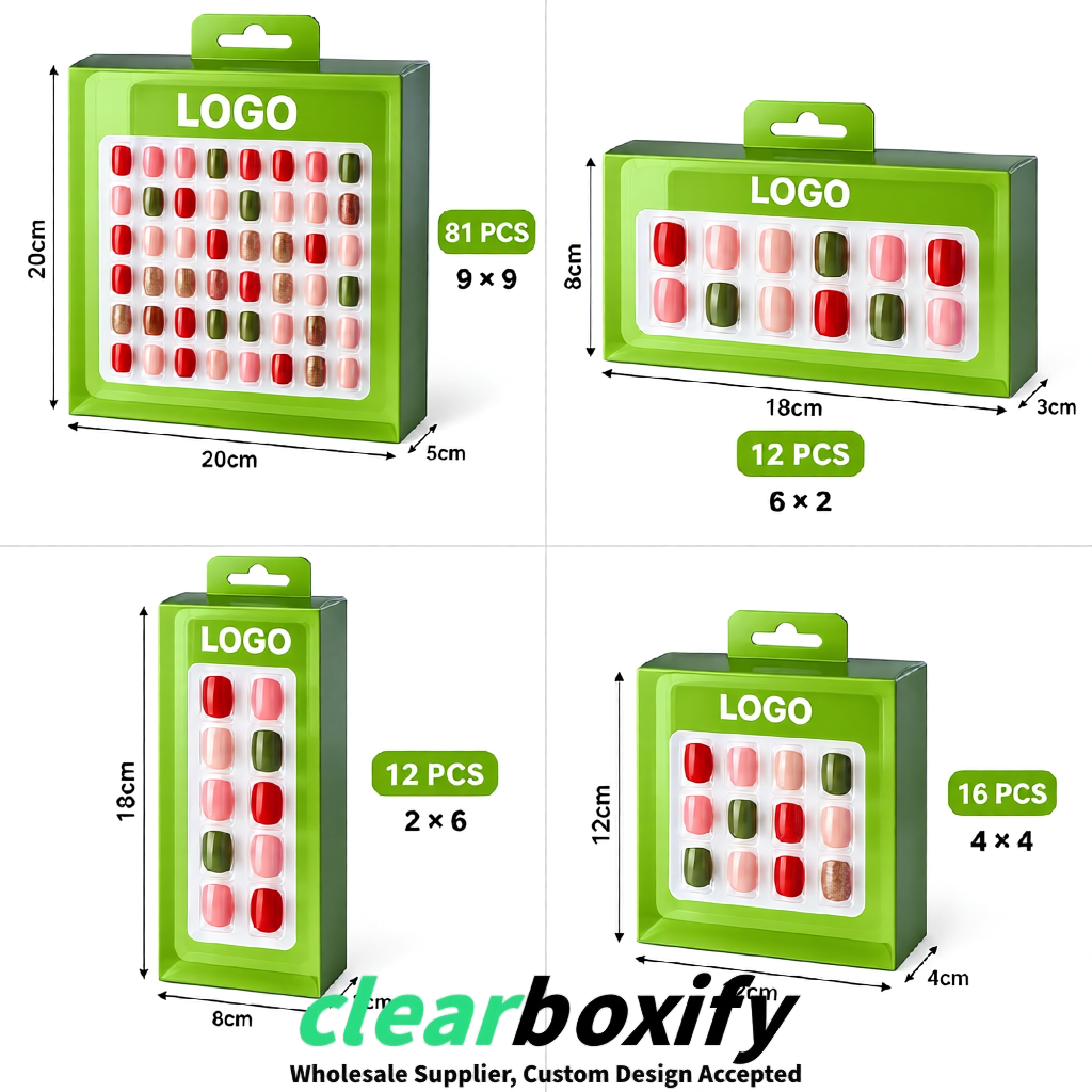 Matcha Green Clear Press-on Nails Box with Hanging Hook | Plastic PVC PP PET Packaging