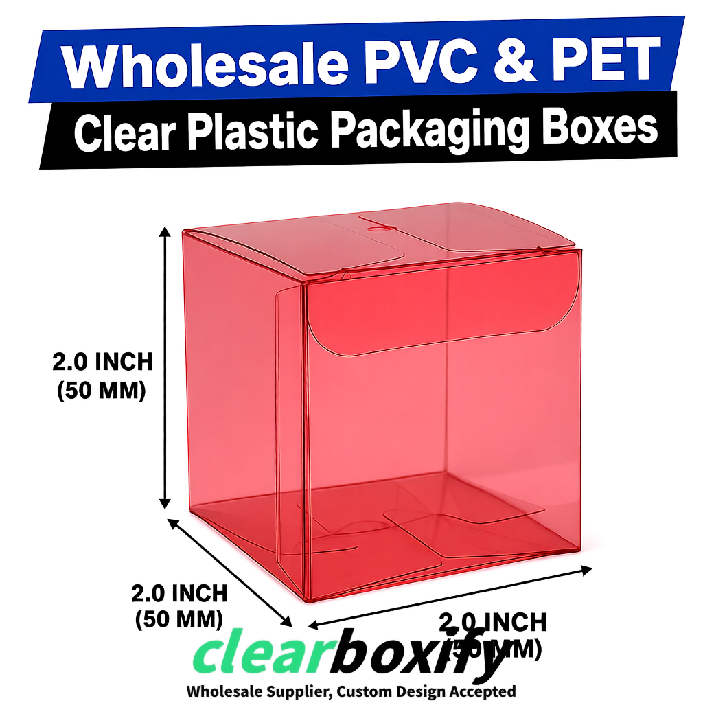 Matte Red Clear PVC & PET Boxes 38x38x38, 40x40x40, 50x50x50/80mm