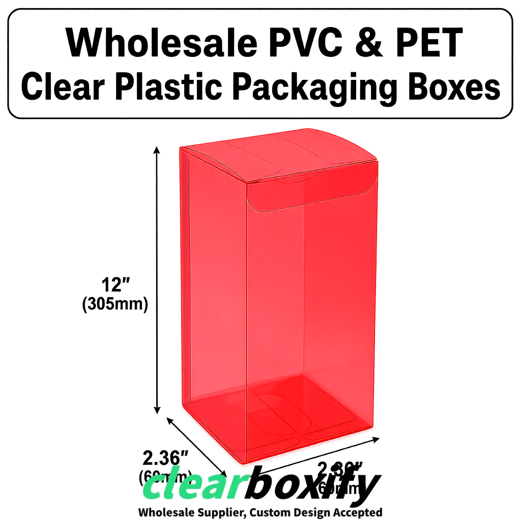 Matte Red Wholesale Clear PVC & PET Boxes 50x50x120/150/200mm 60x60x60/120 mm