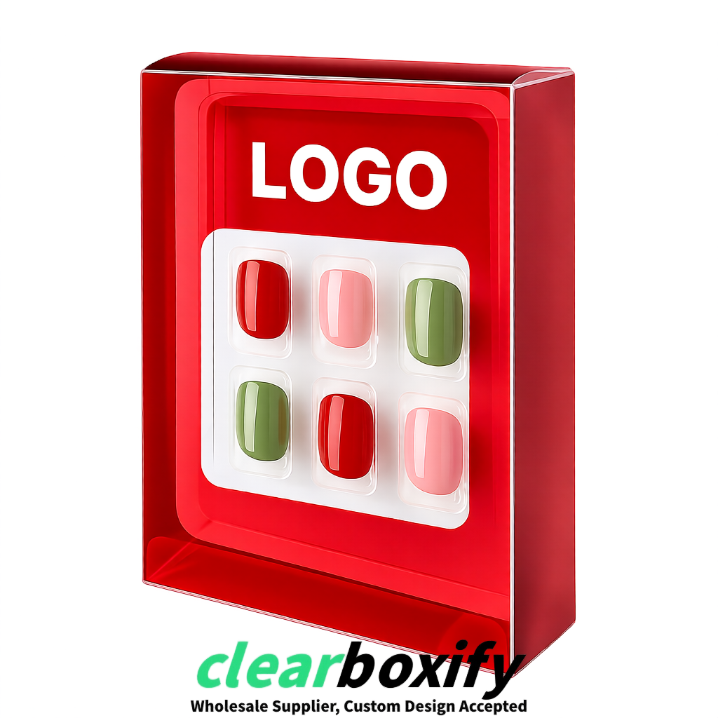 Matte Red Clear Press-on Nails Box with Hanging Hook | Plastic PVC PP PET Packaging