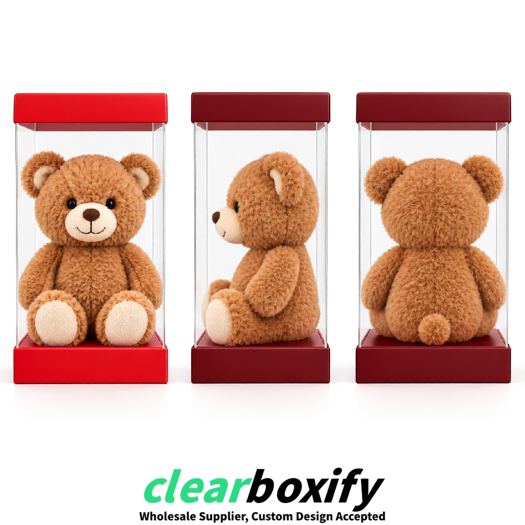 Matte Red Clear Toy Display Boxes with White Base & Top | Wholesale Bulk Packaging