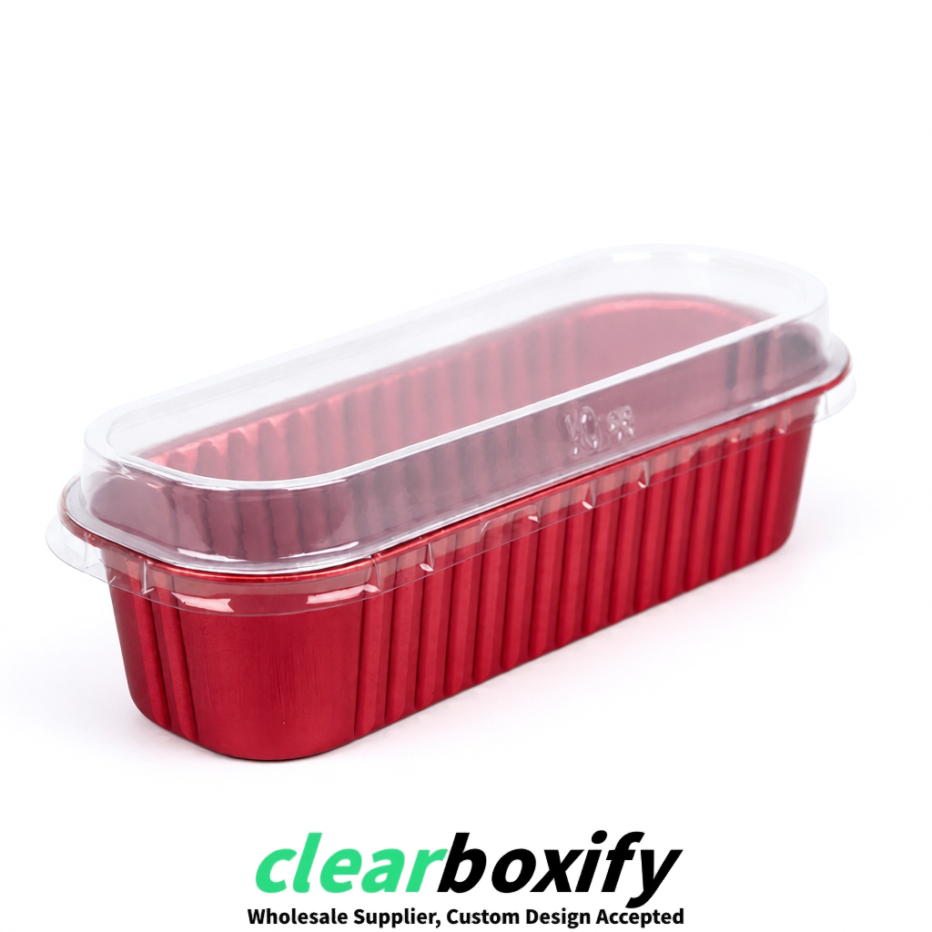 Matte Red Mini Loaf Pans with Clear Lids 6.8oz Rectangular Aluminum Foil Baking Pans Supplier