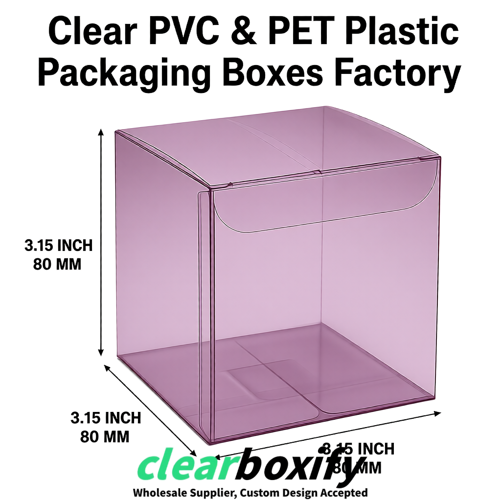 Mauve PPWR-ready PVC & PET Clear Boxes 80x80x80/120/140/190mm 70x70x160 mm Factory