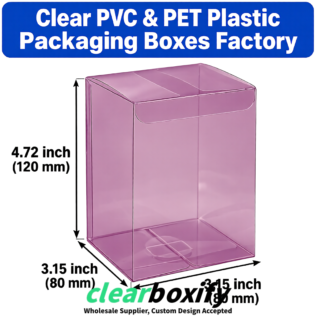 Mauve PPWR-ready PVC & PET Clear Boxes 80x80x80/120/140/190mm 70x70x160 mm Factory