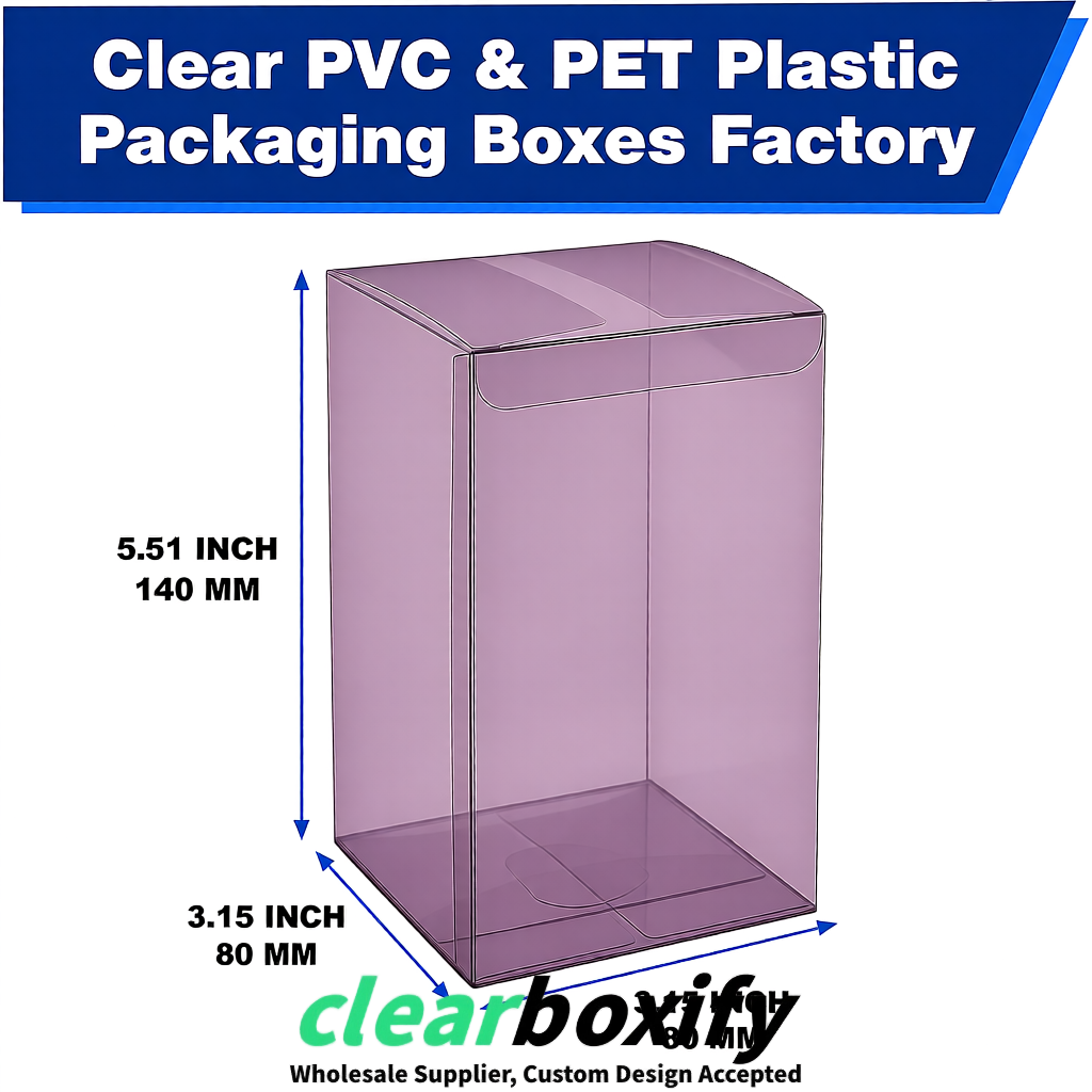 Mauve PPWR-ready PVC & PET Clear Boxes 80x80x80/120/140/190mm 70x70x160 mm Factory