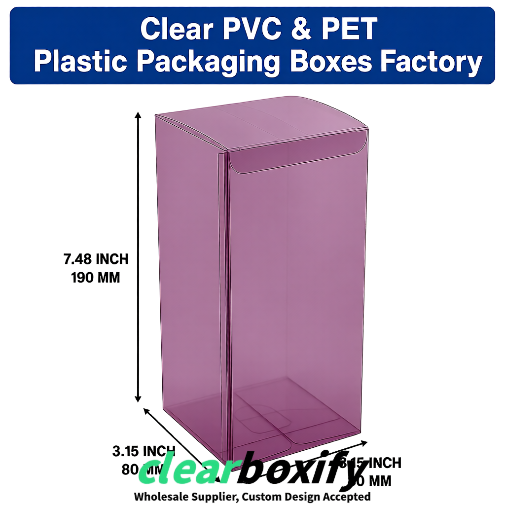 Mauve PPWR-ready PVC & PET Clear Boxes 80x80x80/120/140/190mm 70x70x160 mm Factory