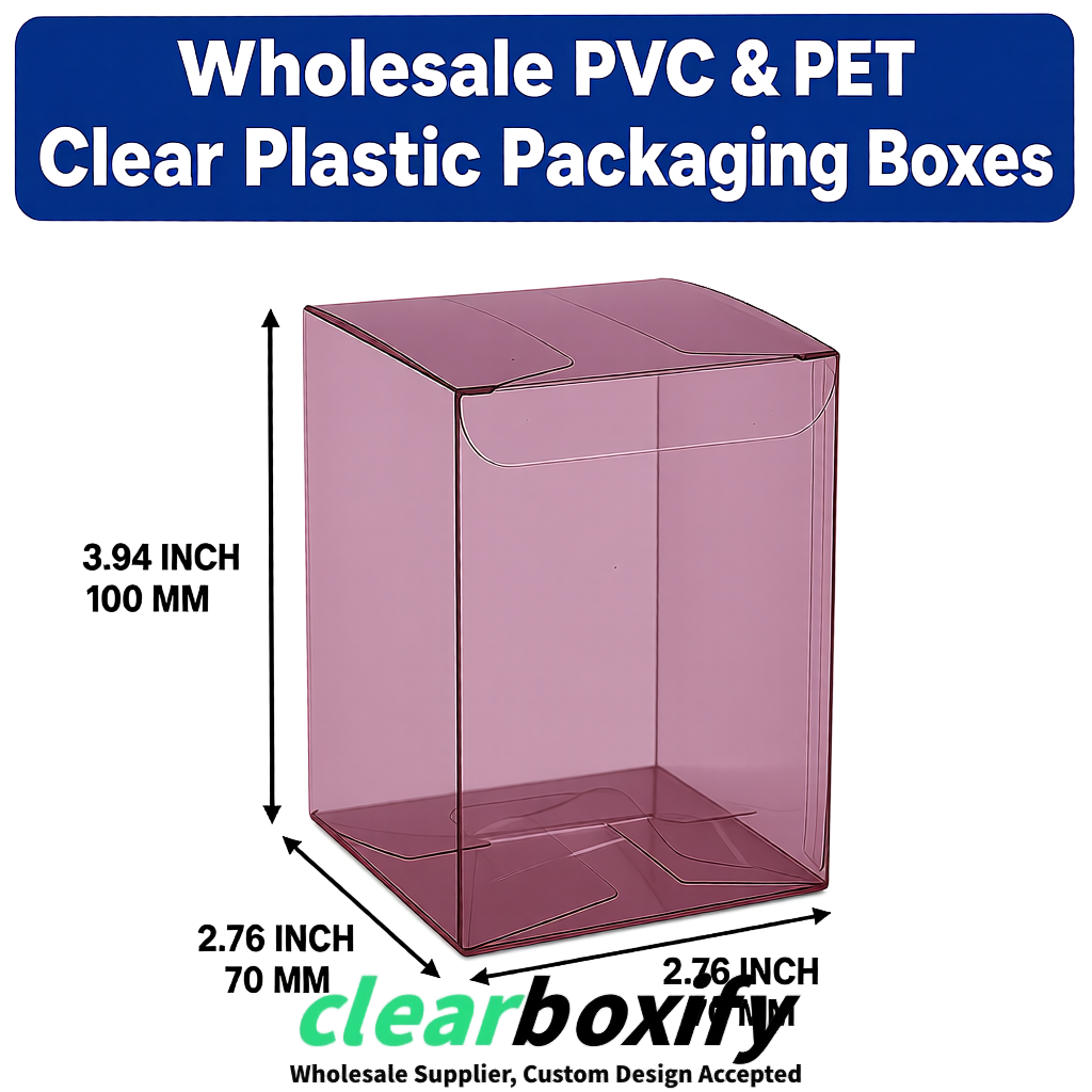 PPWR-Aligned Mauve Translucent PVC & PET Boxes 60x60x180mm 76x76x76mm 70x70x70/100/120mm