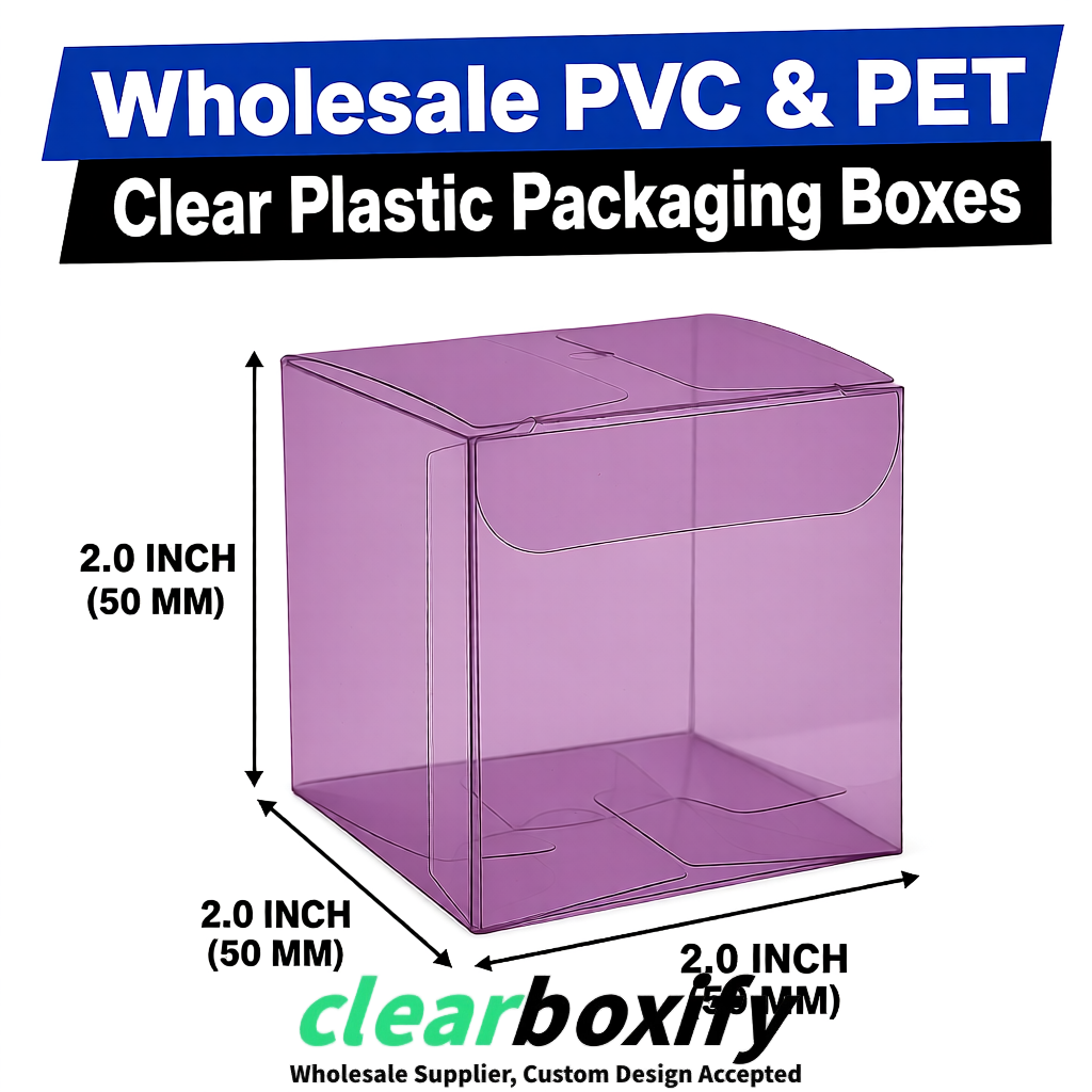 Mauve Clear PVC & PET Boxes 38x38x38, 40x40x40, 50x50x50/80mm