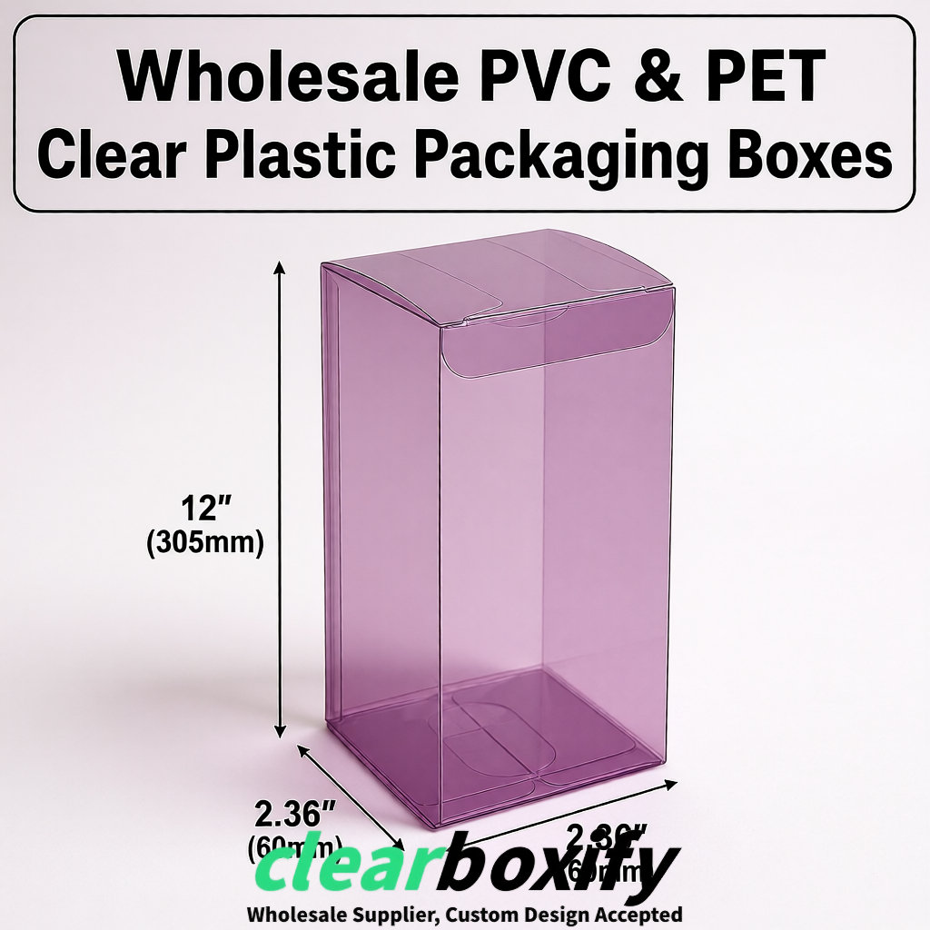 Mauve Wholesale Clear PVC & PET Boxes 50x50x120/150/200mm 60x60x60/120 mm Mauve Wholesale Clear PVC & PET Boxes 50x50x120/150/200mm 60x60x60/120 mm