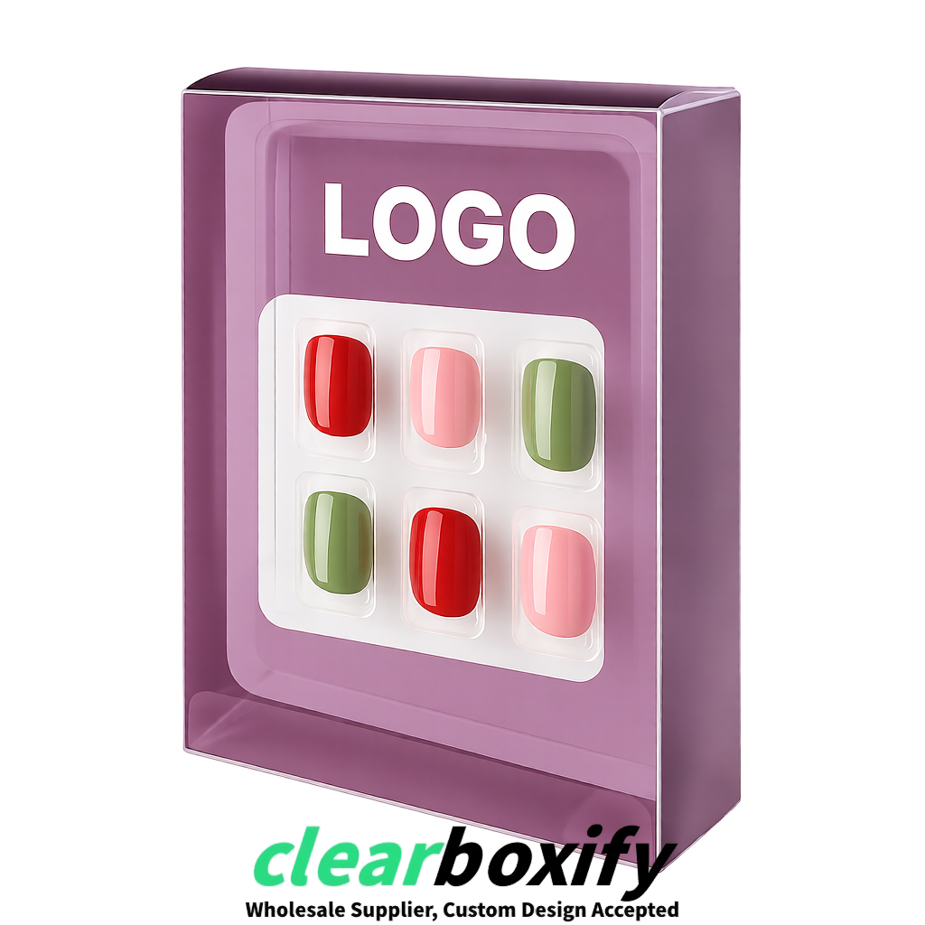 Mauve Clear Press-on Nails Box with Hanging Hook | Plastic PVC PP PET Packaging