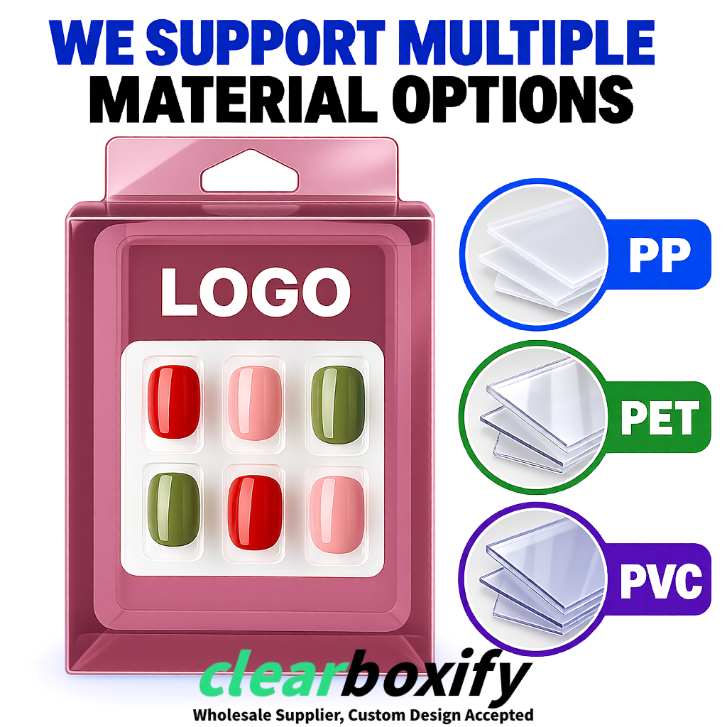 Mauve Clear Press-on Nails Box with Hanging Hook | Plastic PVC PP PET Packaging