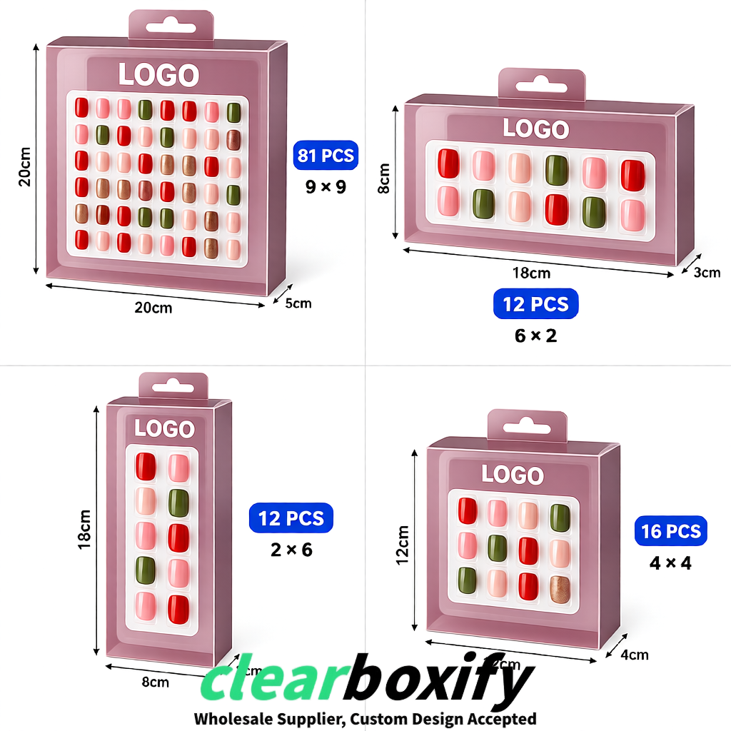 Mauve Clear Press-on Nails Box with Hanging Hook | Plastic PVC PP PET Packaging