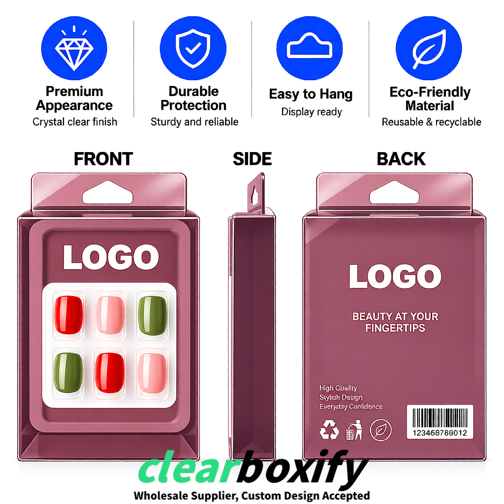 Mauve Clear Press-on Nails Box with Hanging Hook | Plastic PVC PP PET Packaging