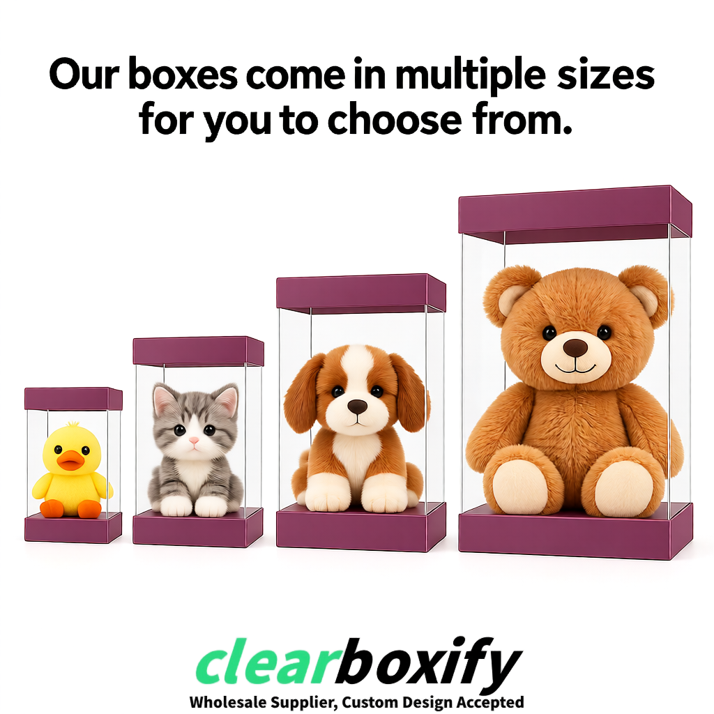 Mauve Clear Toy Display Boxes with White Base & Top | Wholesale Bulk Packaging