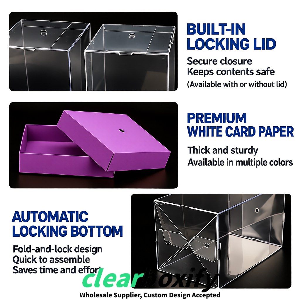 Mauve Clear Toy Display Boxes with White Base & Top | Wholesale Bulk Packaging