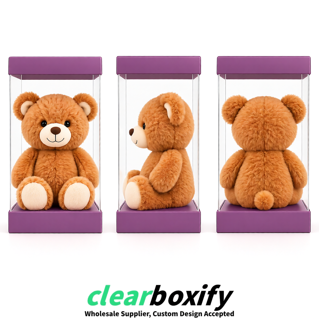 Mauve Clear Toy Display Boxes with White Base & Top | Wholesale Bulk Packaging