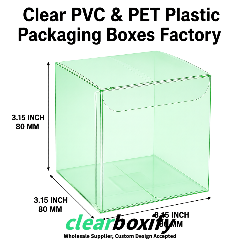 Mint Green PPWR-ready PVC & PET Clear Boxes 80x80x80/120/140/190mm 70x70x160 mm Factory