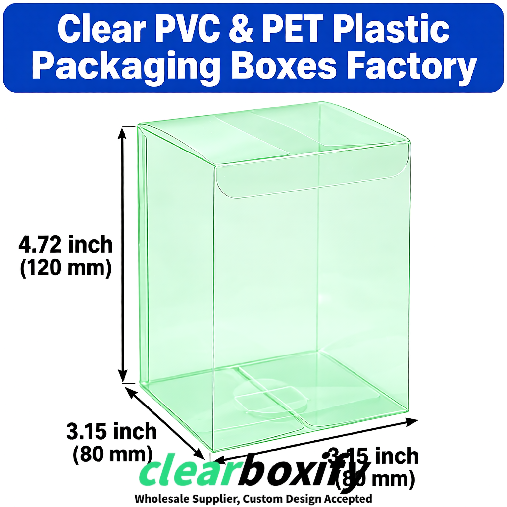 Mint Green PPWR-ready PVC & PET Clear Boxes 80x80x80/120/140/190mm 70x70x160 mm Factory
