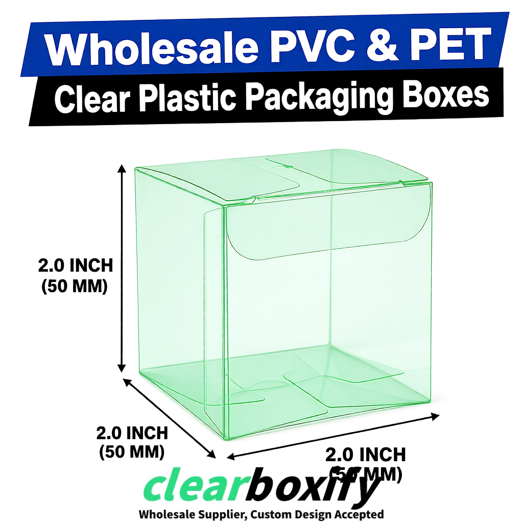 Mint Green Clear PVC & PET Boxes 38x38x38, 40x40x40, 50x50x50/80mm