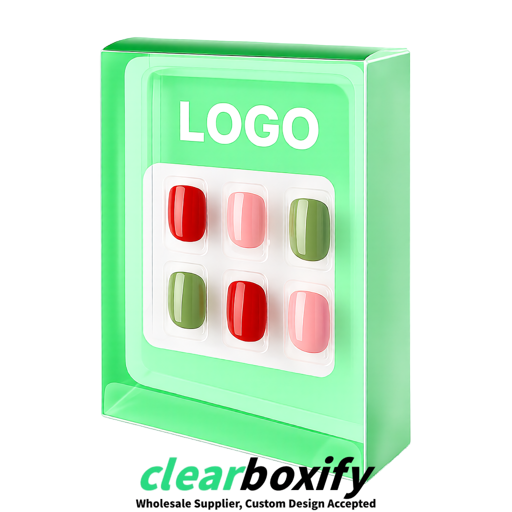 Mint Green Clear Press-on Nails Box with Hanging Hook | Plastic PVC PP PET Packaging