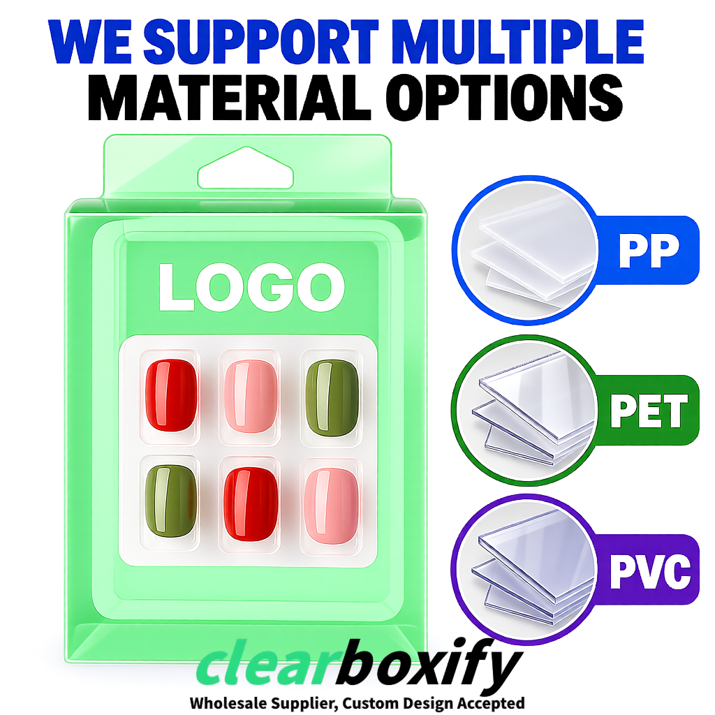 Mint Green Clear Press-on Nails Box with Hanging Hook | Plastic PVC PP PET Packaging