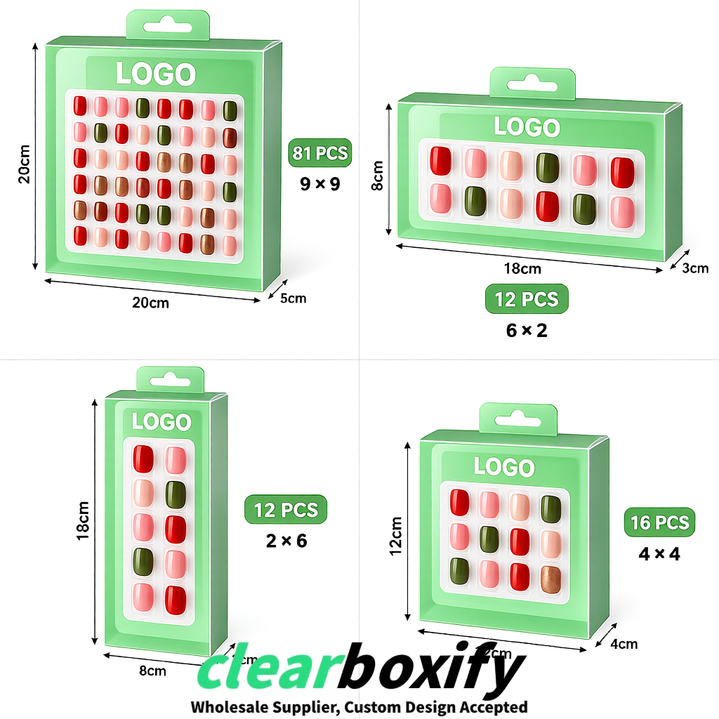 Mint Green Clear Press-on Nails Box with Hanging Hook | Plastic PVC PP PET Packaging