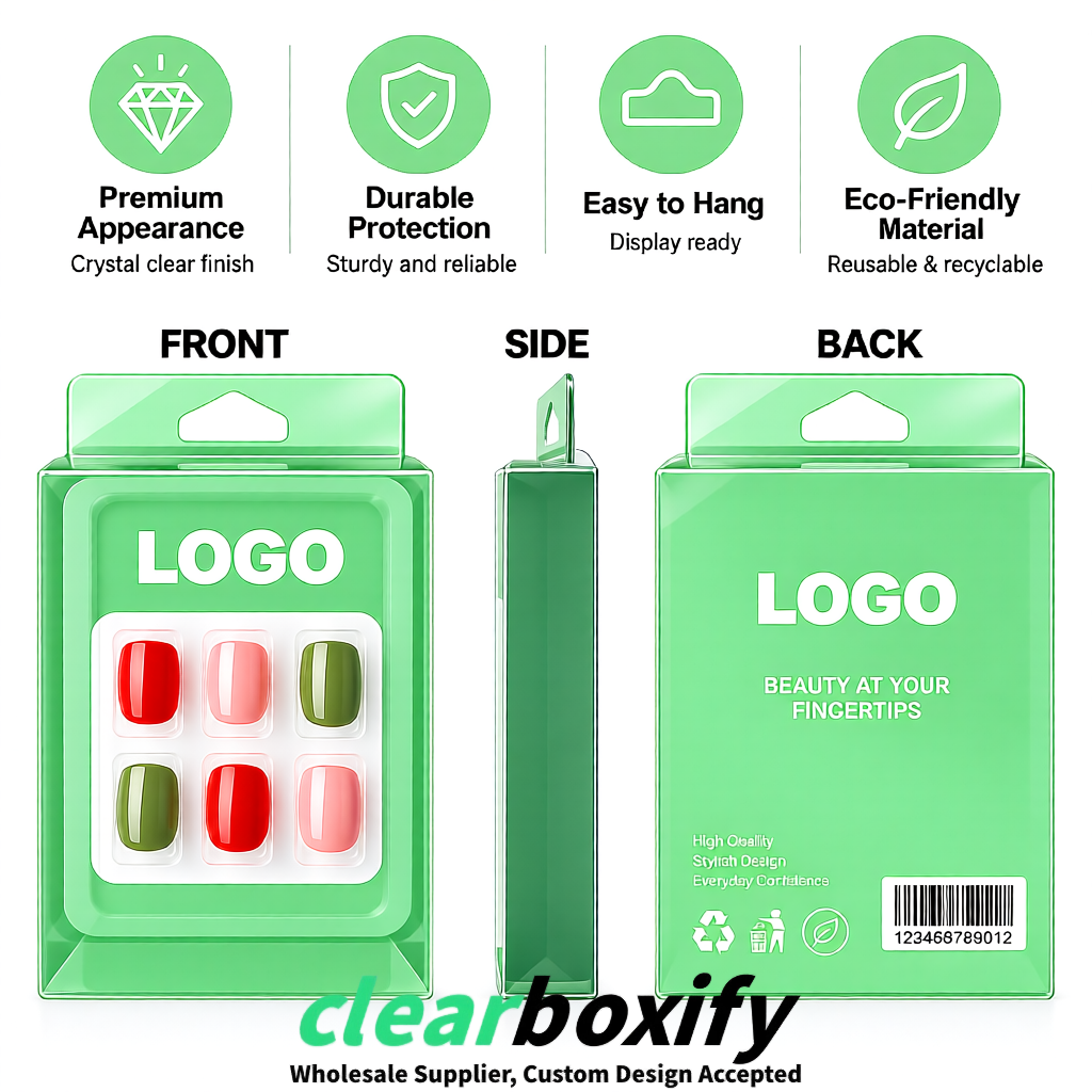 Mint Green Clear Press-on Nails Box with Hanging Hook | Plastic PVC PP PET Packaging Mint Green Clear Press-on Nails Box with Hanging Hook | Plastic PVC PP PET Packaging