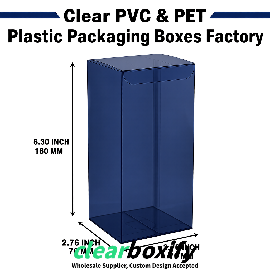 Navy Blue PPWR-ready PVC & PET Clear Boxes 80x80x80/120/140/190mm 70x70x160 mm Factory