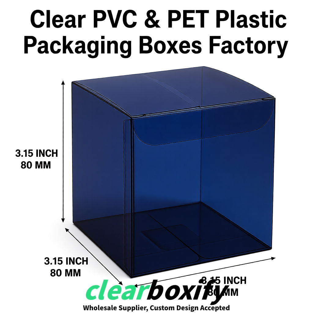 Navy Blue PPWR-ready PVC & PET Clear Boxes 80x80x80/120/140/190mm 70x70x160 mm Factory