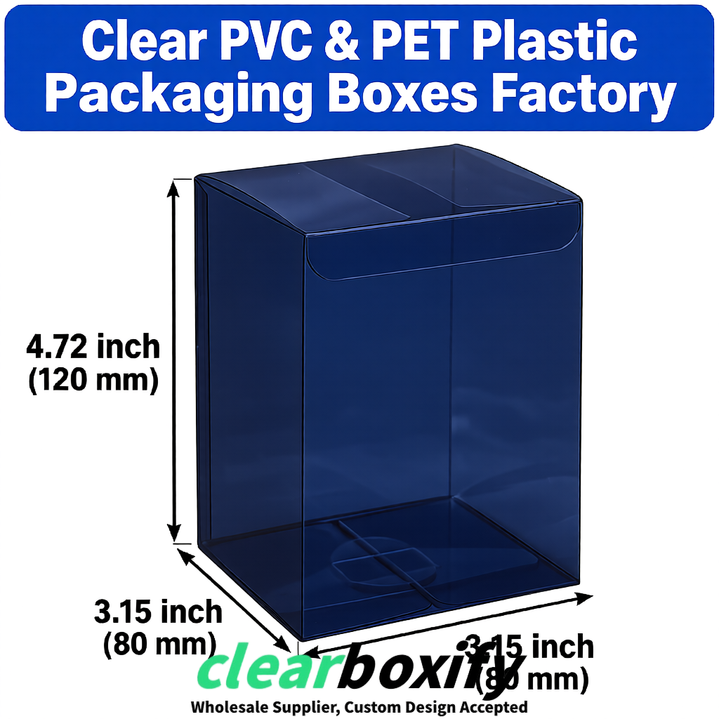 Navy Blue PPWR-ready PVC & PET Clear Boxes 80x80x80/120/140/190mm 70x70x160 mm Factory