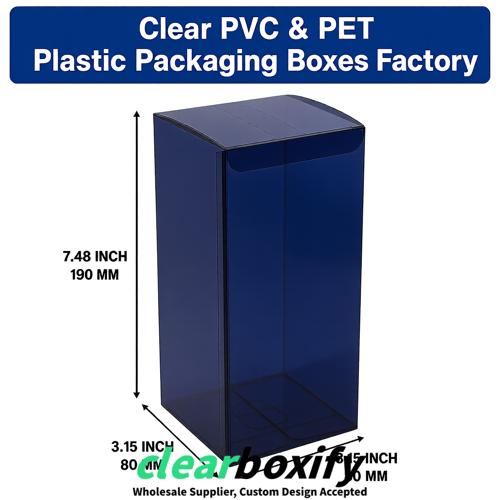 Navy Blue PPWR-ready PVC & PET Clear Boxes 80x80x80/120/140/190mm 70x70x160 mm Factory