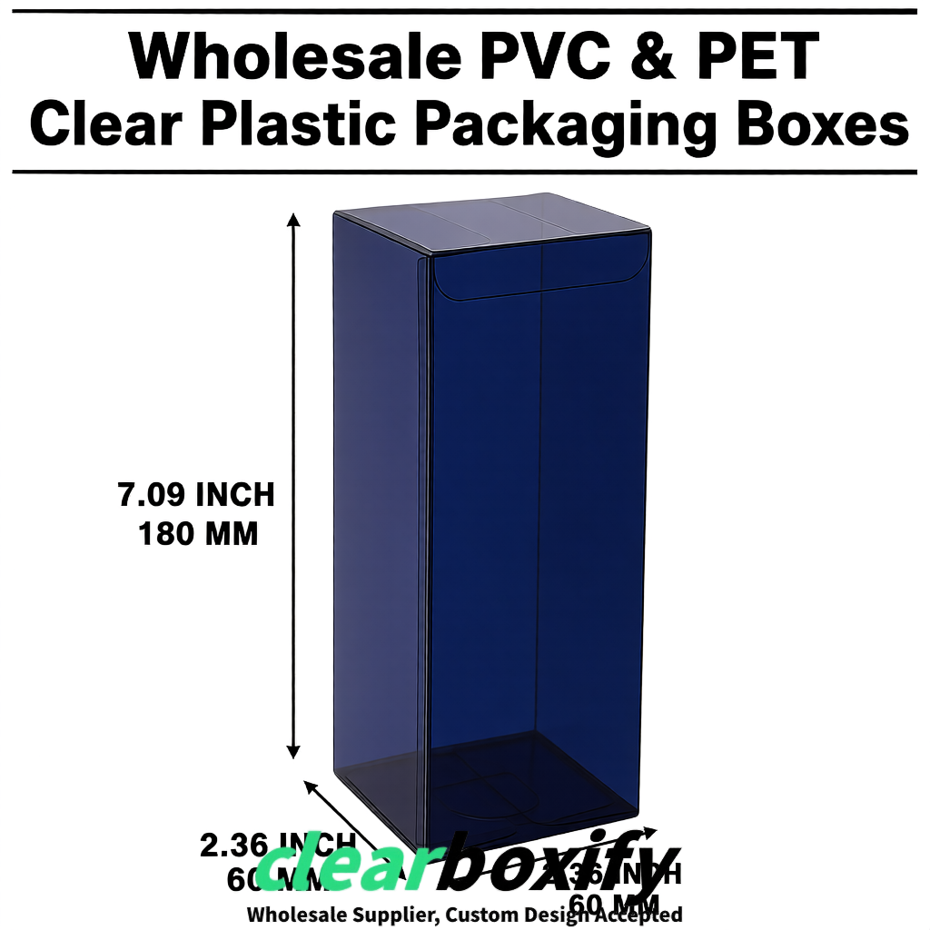 PPWR-Aligned Navy Blue Translucent PVC & PET Boxes 60x60x180mm 76x76x76mm 70x70x70/100/120mm