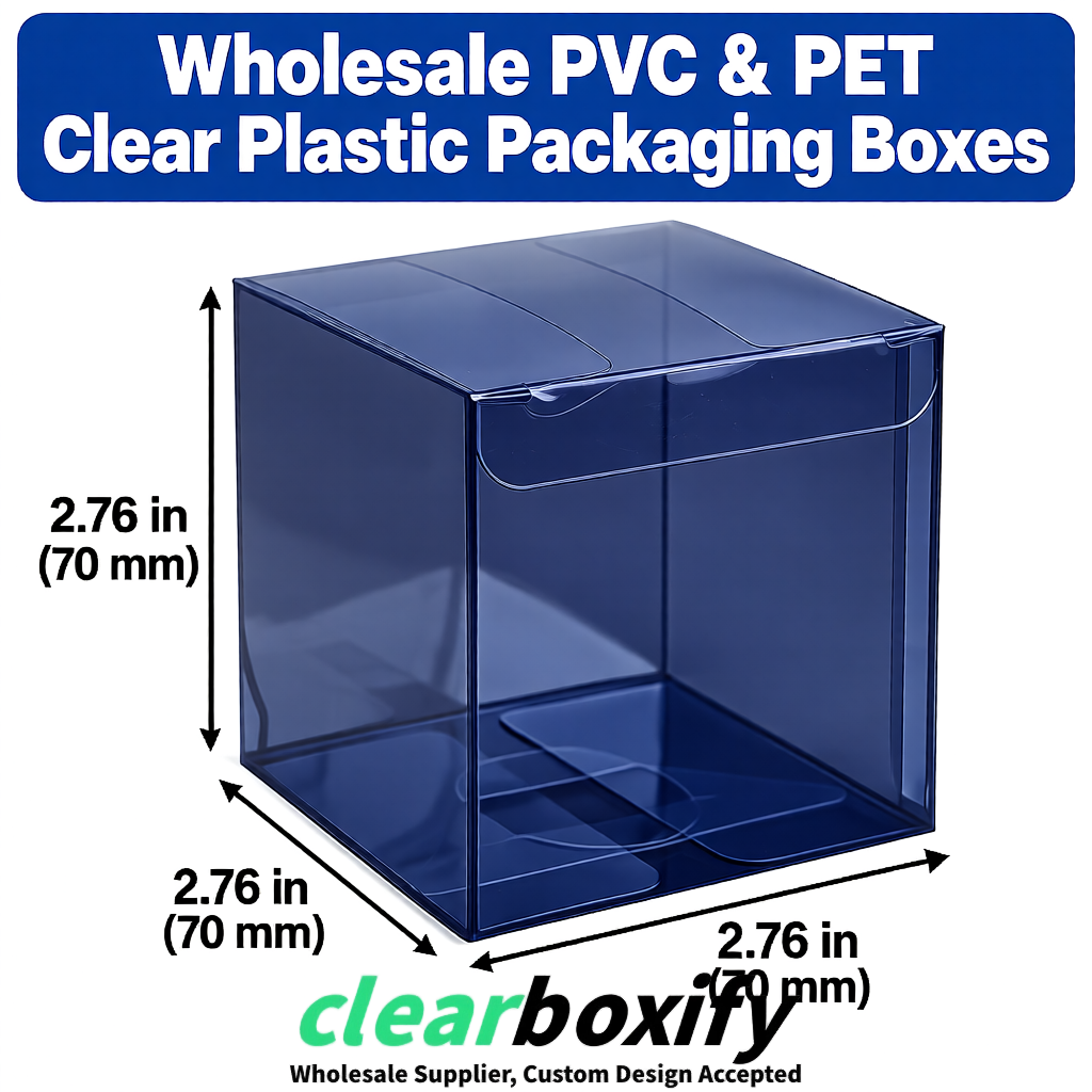 PPWR-Aligned Navy Blue Translucent PVC & PET Boxes 60x60x180mm 76x76x76mm 70x70x70/100/120mm
