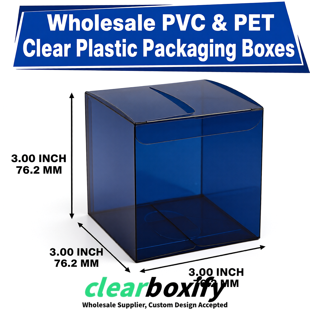 PPWR-Aligned Navy Blue Translucent PVC & PET Boxes 60x60x180mm 76x76x76mm 70x70x70/100/120mm