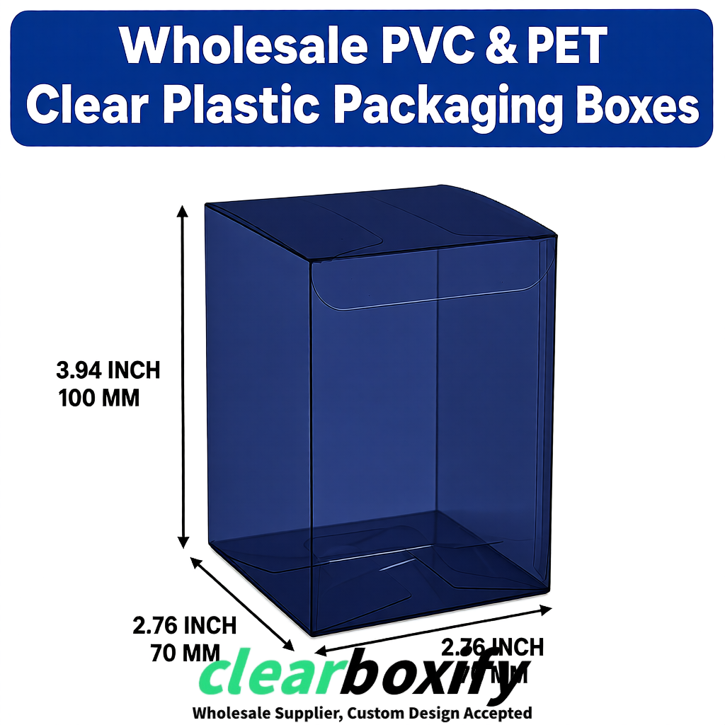 PPWR-Aligned Navy Blue Translucent PVC & PET Boxes 60x60x180mm 76x76x76mm 70x70x70/100/120mm