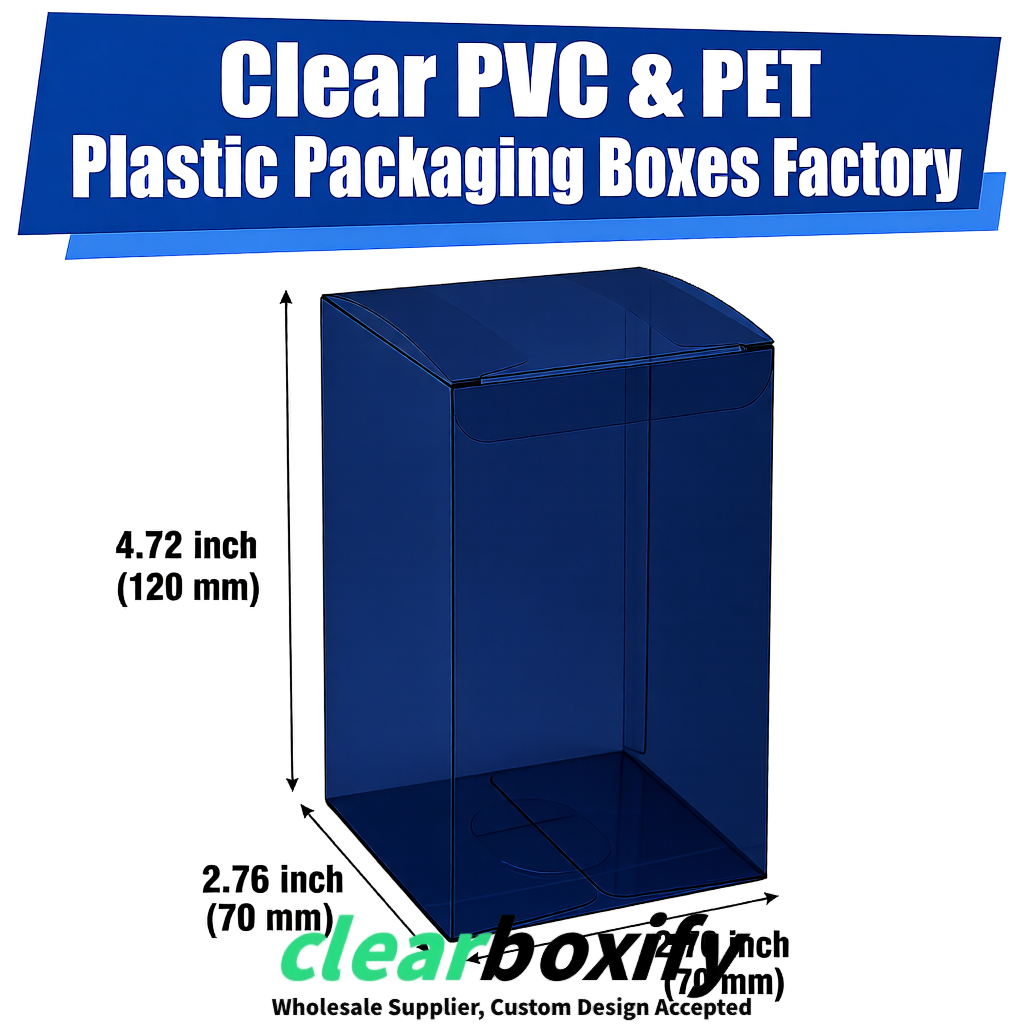 PPWR-Aligned Navy Blue Translucent PVC & PET Boxes 60x60x180mm 76x76x76mm 70x70x70/100/120mm