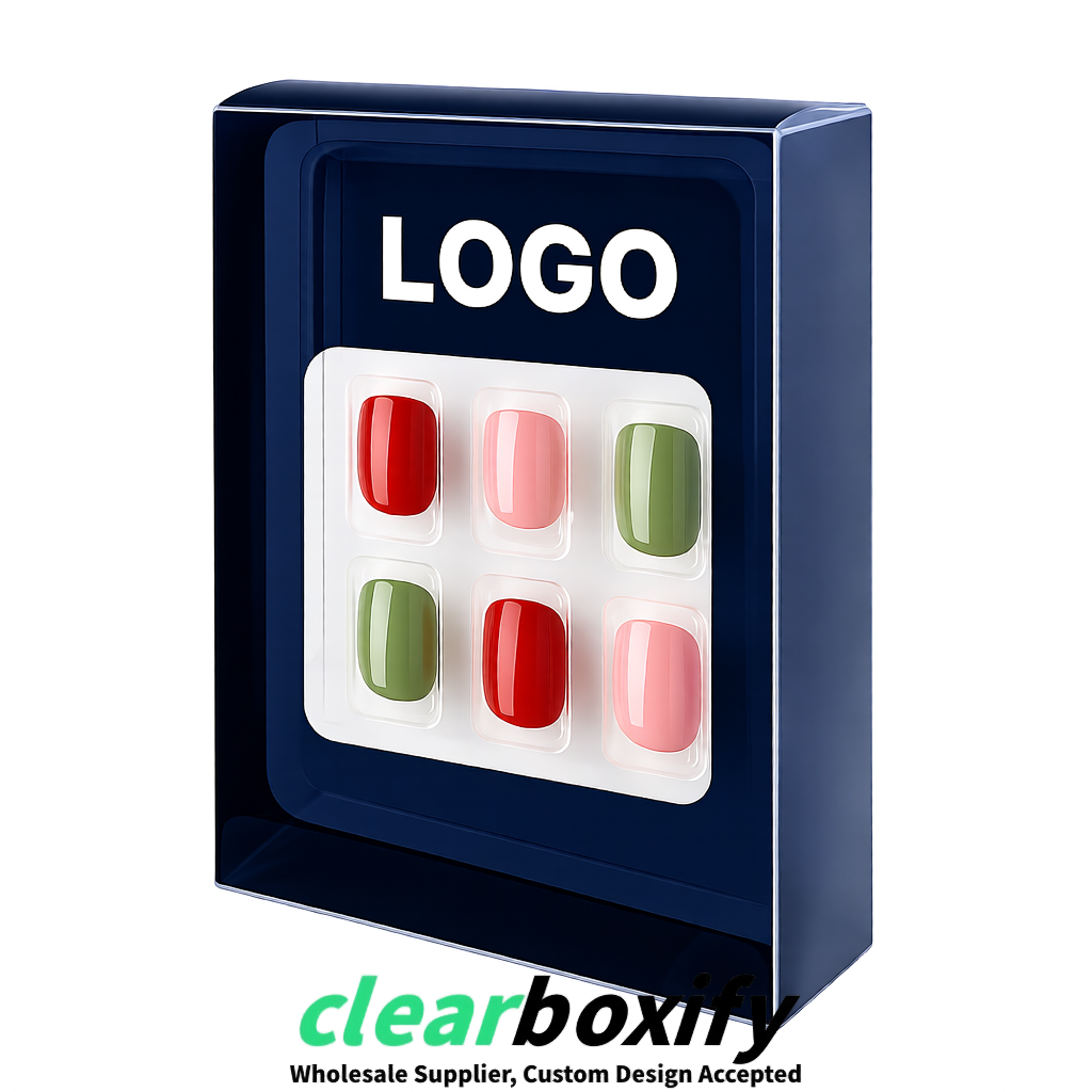 Navy Blue Clear Press-on Nails Box with Hanging Hook | Plastic PVC PP PET Packaging