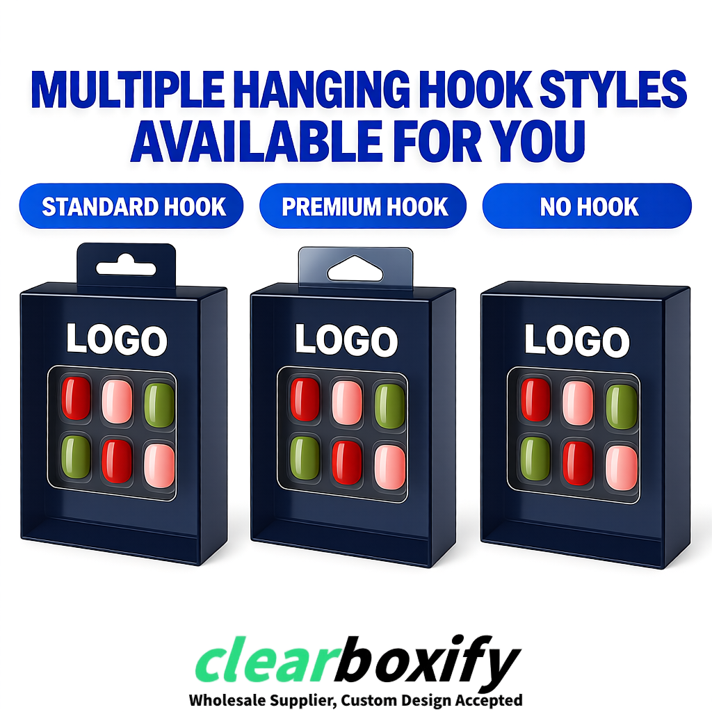 Navy Blue Clear Press-on Nails Box with Hanging Hook | Plastic PVC PP PET Packaging Navy Blue Clear Press-on Nails Box with Hanging Hook | Plastic PVC PP PET Packaging